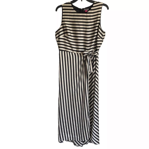 Vince Camuto Faux Wrap Dress Satin Striped Sleeveless Midi Flowy - Picture 10 of 15